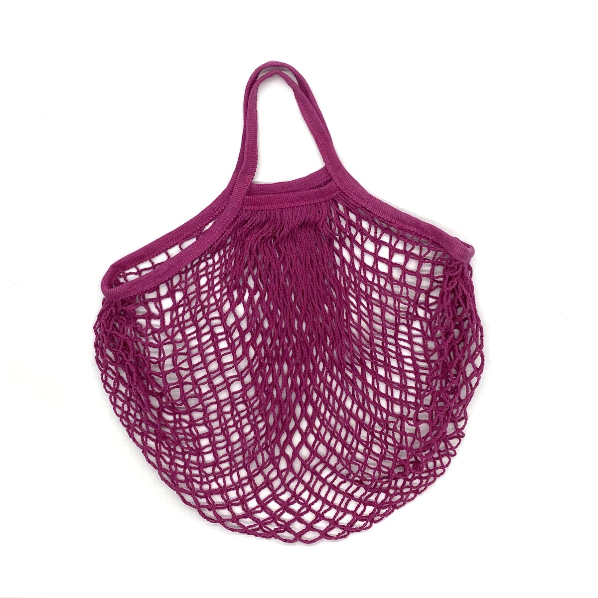 A purple organic cotton mesh produce bag with a drawstring top, shown against a white background.