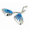 A set of two universal skull hand motorcycle side mirrors with blue grips and chrome finish.