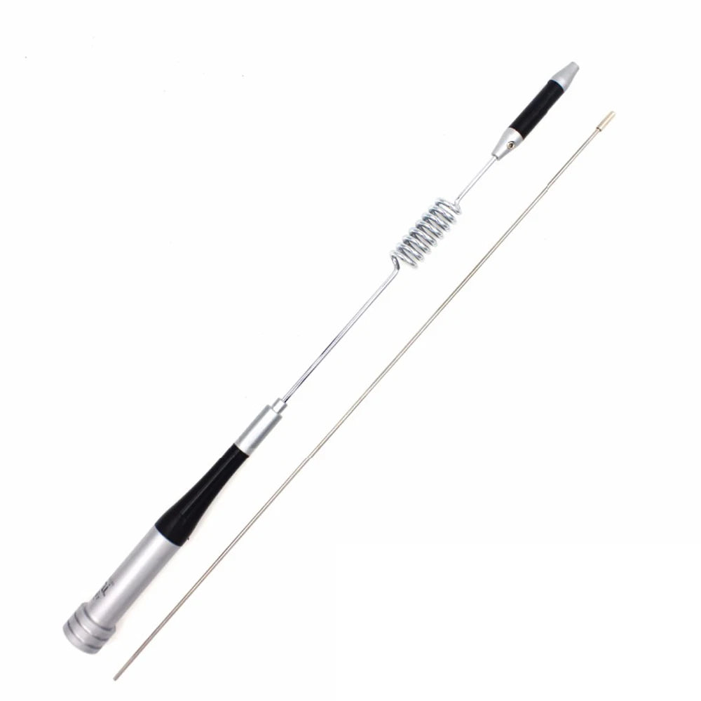 Dual band VHF/UHF mobile antenna with a black handle and coiled wire