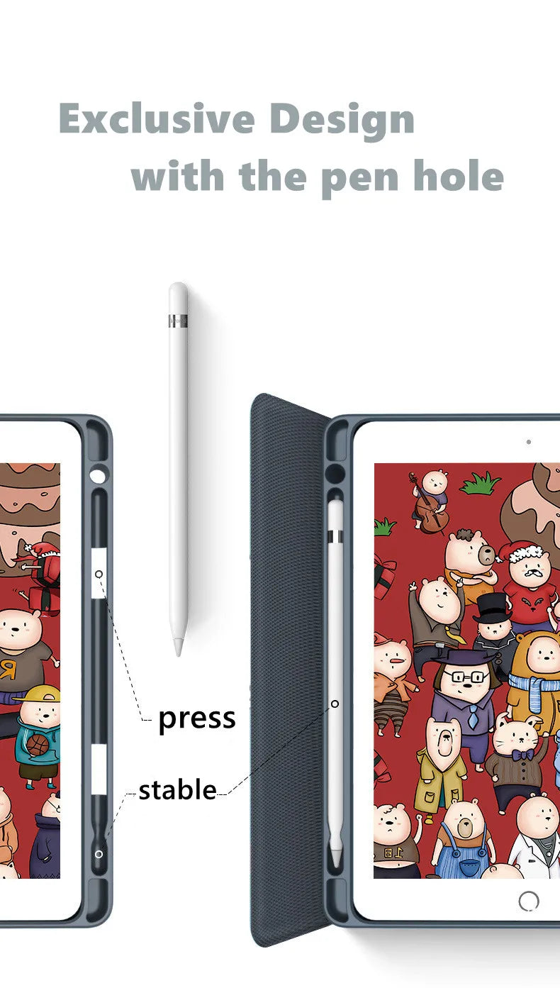 A pink composition notebook iPad case featuring an exclusive design with a pen hole and a built-in pencil holder.