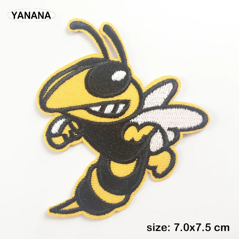 Yellow and black embroidered bee patch with wings and stripes