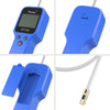 A blue digital engine oil and brake fluid quality tester device shown in various views including the main unit and connector.