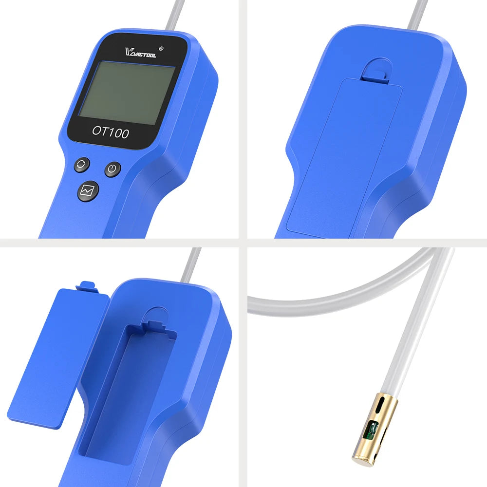 A blue digital engine oil and brake fluid quality tester device shown in various views including the main unit and connector.