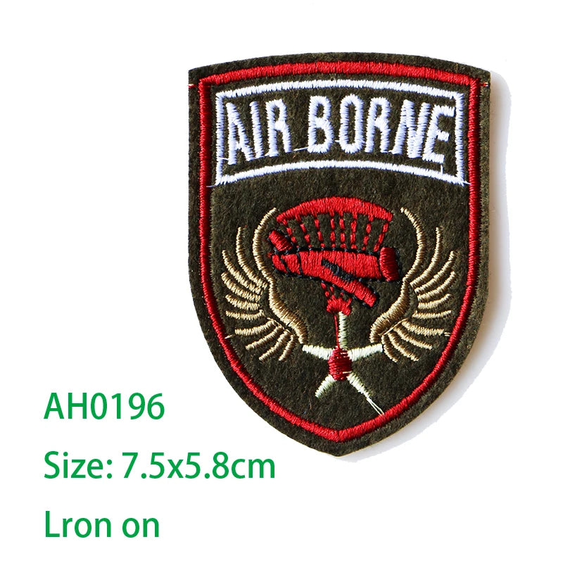 Embroidered Air Borne US Marine Corps Medal patch with a red emblem and black background