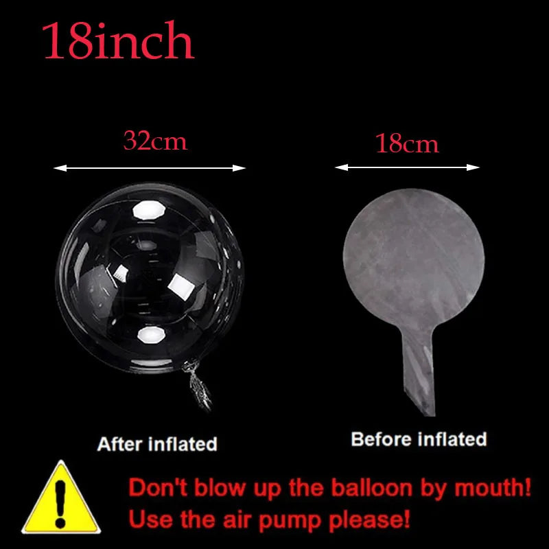 Comparison of an inflated clear balloon and its deflated state, showing size difference.