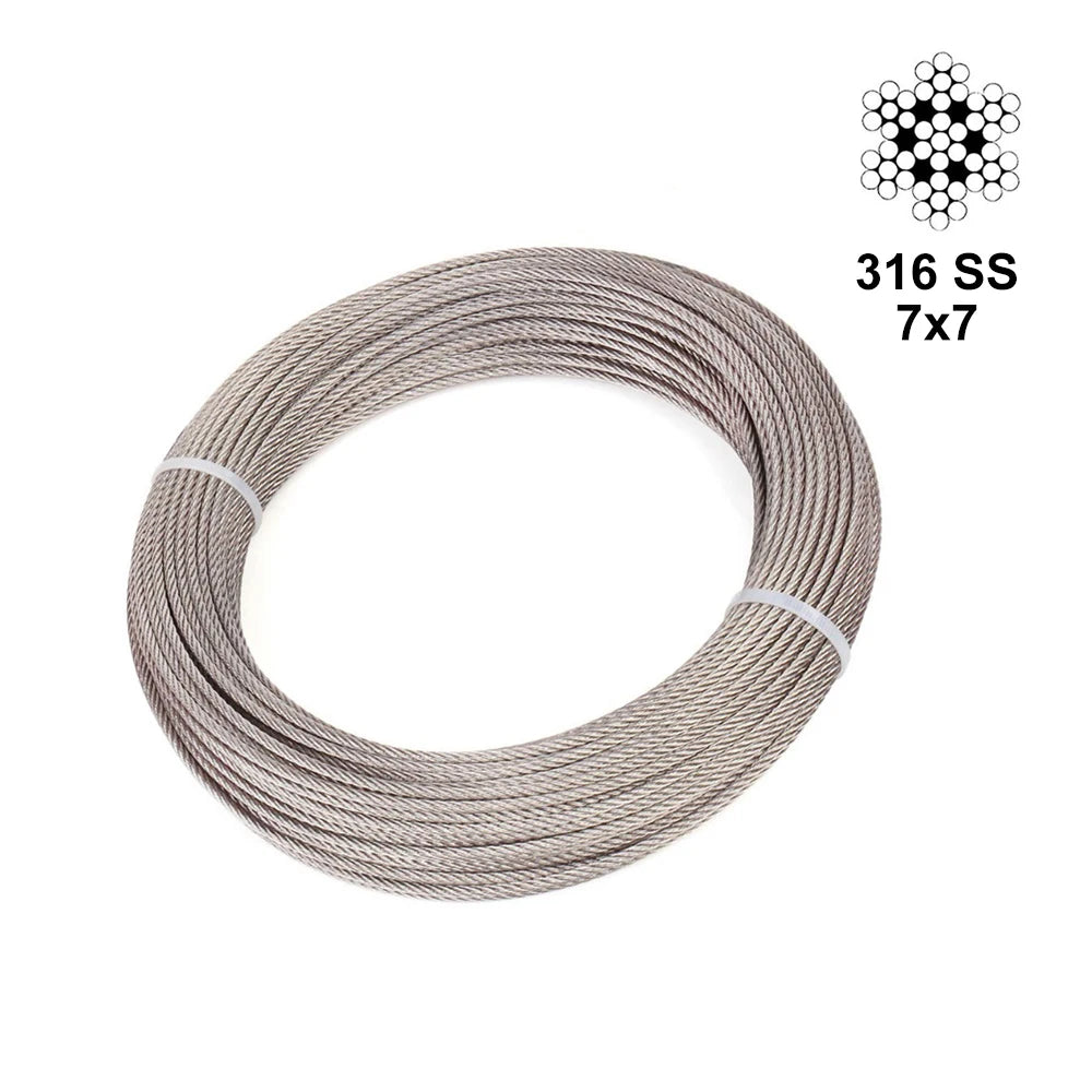 A coil of 316 SS 7x7 stainless steel cable used for railing systems.