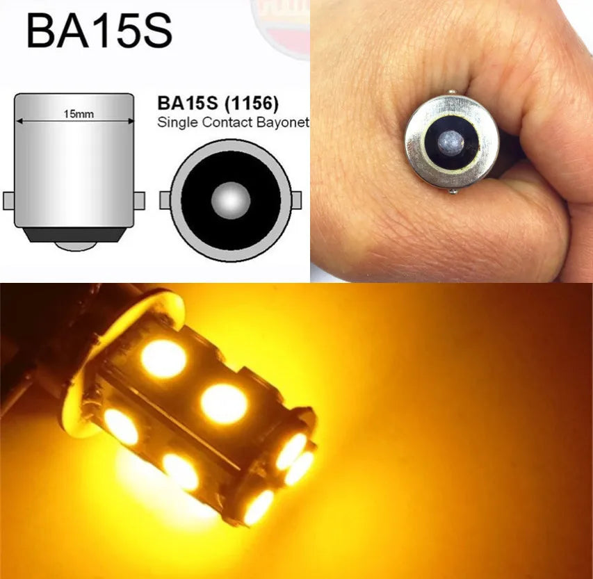 A close-up view of a BA15S single contact bayonet light bulb and an illuminated LED bulb.