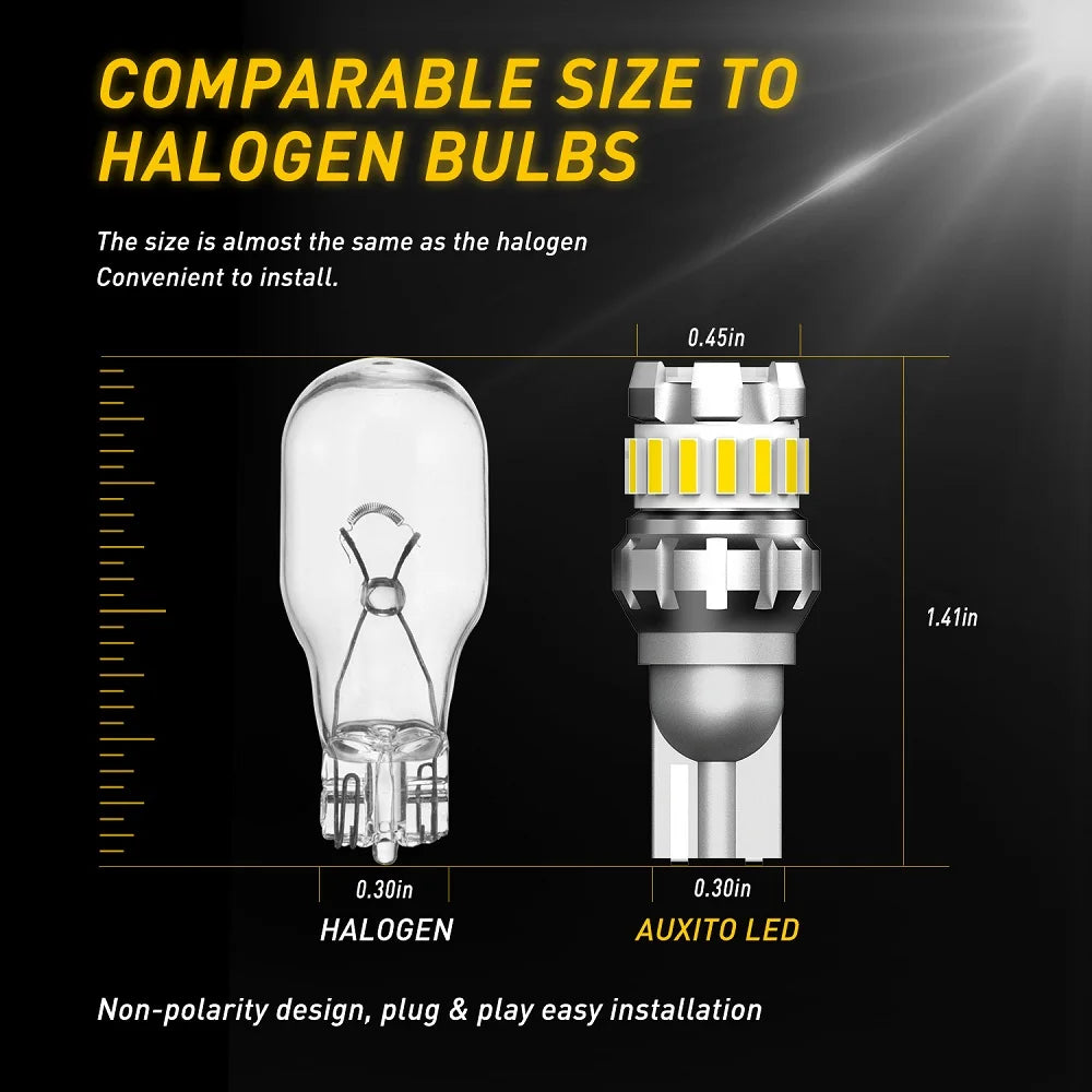 Comparison of a halogen bulb and an Auxito LED bulb showing their similar sizes for convenient installation.
