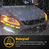 A close-up of a car's headlight with yellow arrows indicating waterproof protection against elements.