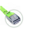 Close-up view of a lime green heavy-duty tie-down strap with a silver metal buckle.