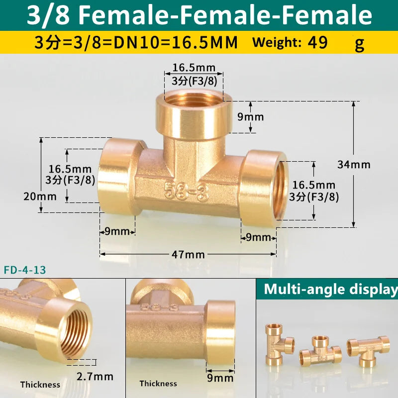 Brass BSP tee pipe fitting with 3/8 female-female-female connections and a multi-angle display of fittings