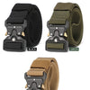 A set of men's tactical nylon belts in black, green, and khaki colors shown with metal buckles.