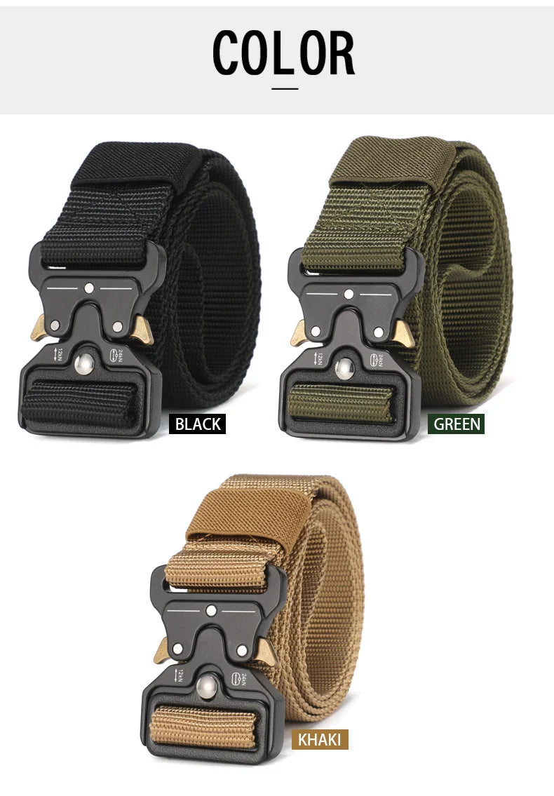 A set of men's tactical nylon belts in black, green, and khaki colors shown with metal buckles.