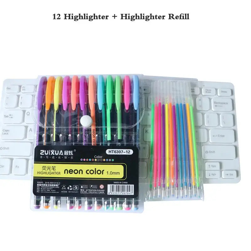 A set of 12 neon colored highlighters and refills displayed next to a white keyboard.
