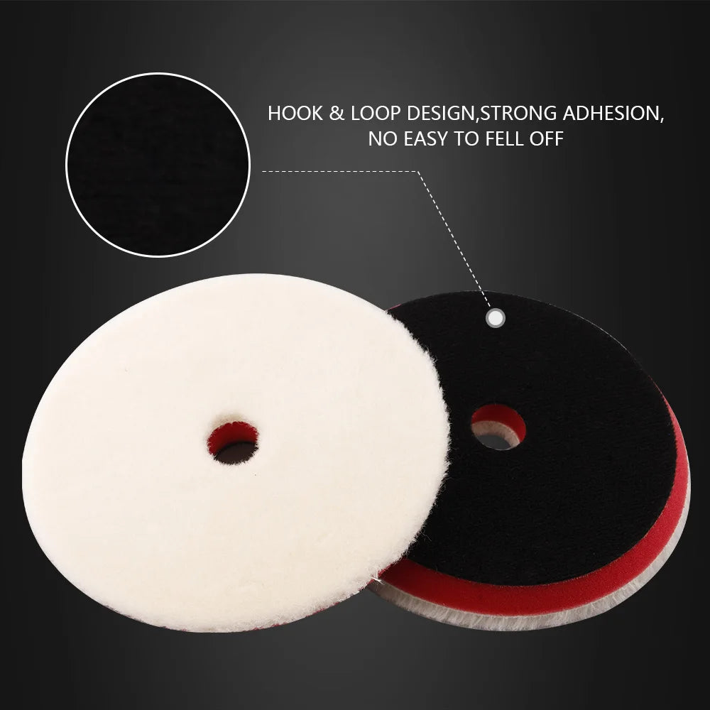 A white wool polishing pad and a black pad with a hook and loop design for deep scratch removal.