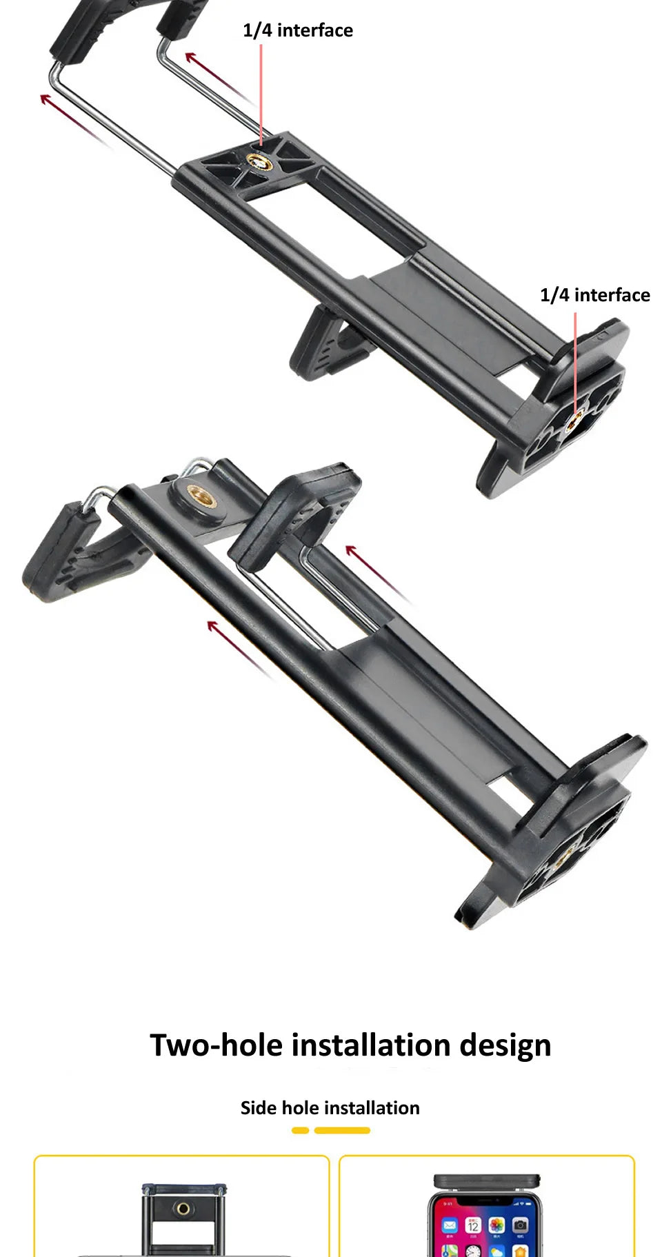 Black adjustable aluminum tripod stand with two-hole installation design shown in multiple angles.