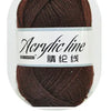 A ball of dark brown acrylic line yarn labeled as 55 to 10 threads.