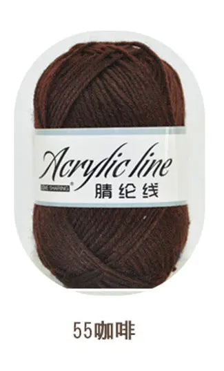 A ball of dark brown acrylic line yarn labeled as 55 to 10 threads.