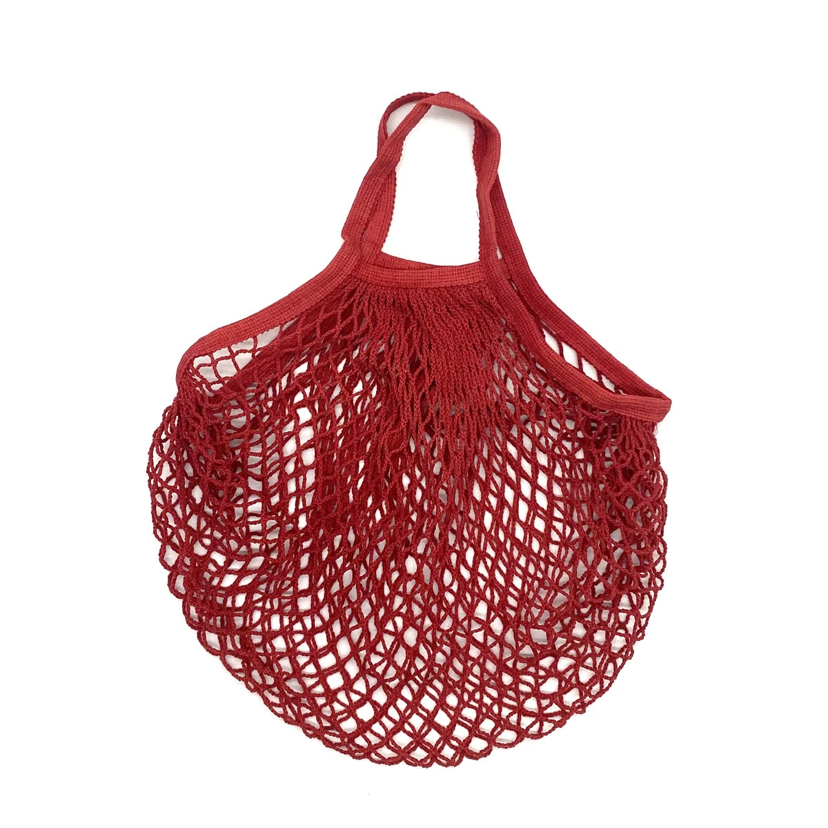 A pair of reusable, foldable mesh produce bags made of red organic cotton.