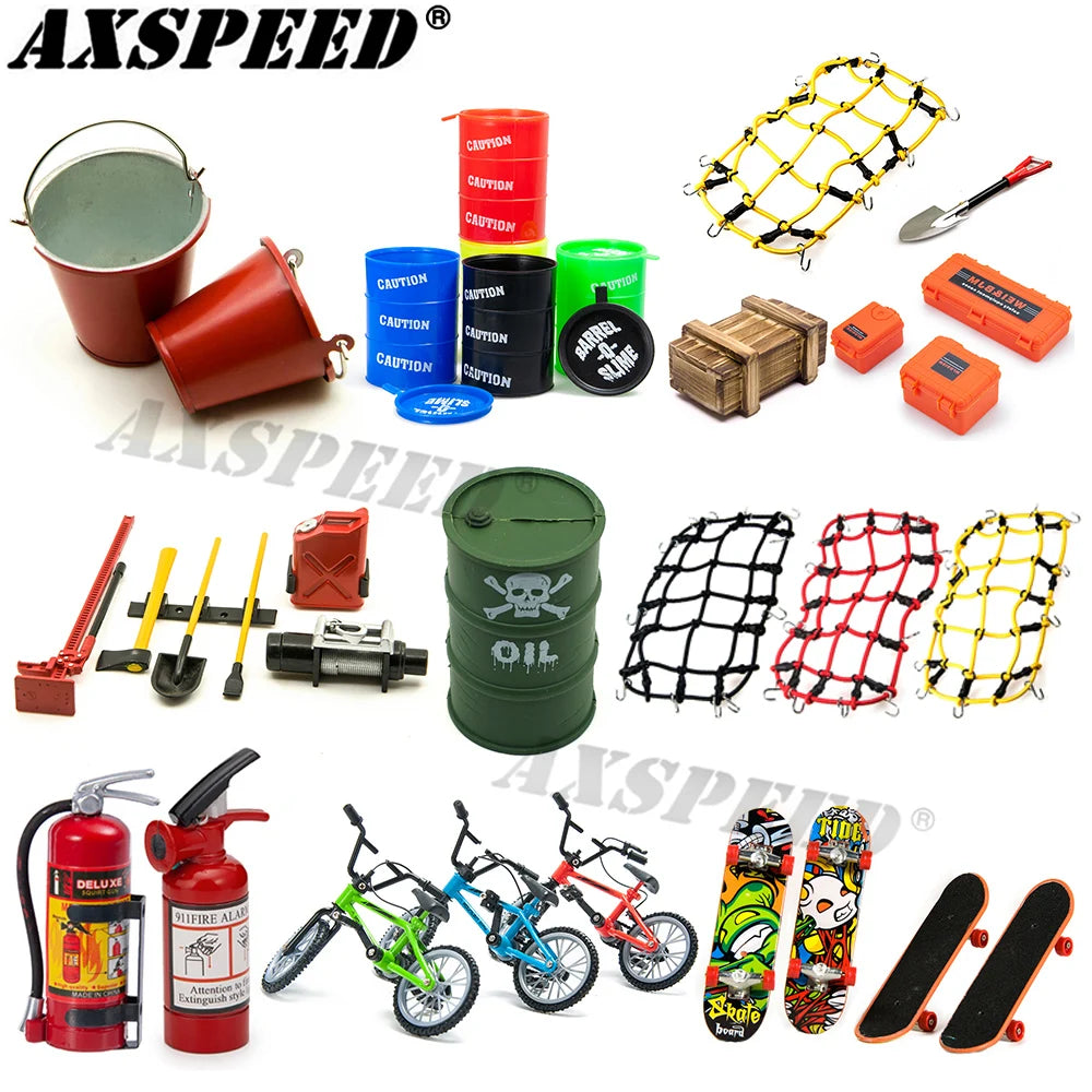 A set of 1/10 scale RC crawler decorations including a shovel, fire extinguisher, and oil drum.