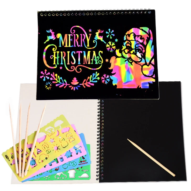 A set of rainbow scratch art paper sheets for kids featuring Christmas designs and colorful elements.
