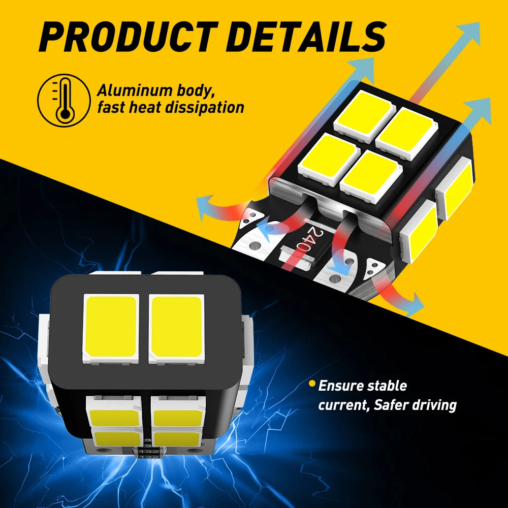 A close-up view of a product package showing multiple yellow LED bulbs designed for car interior lights.