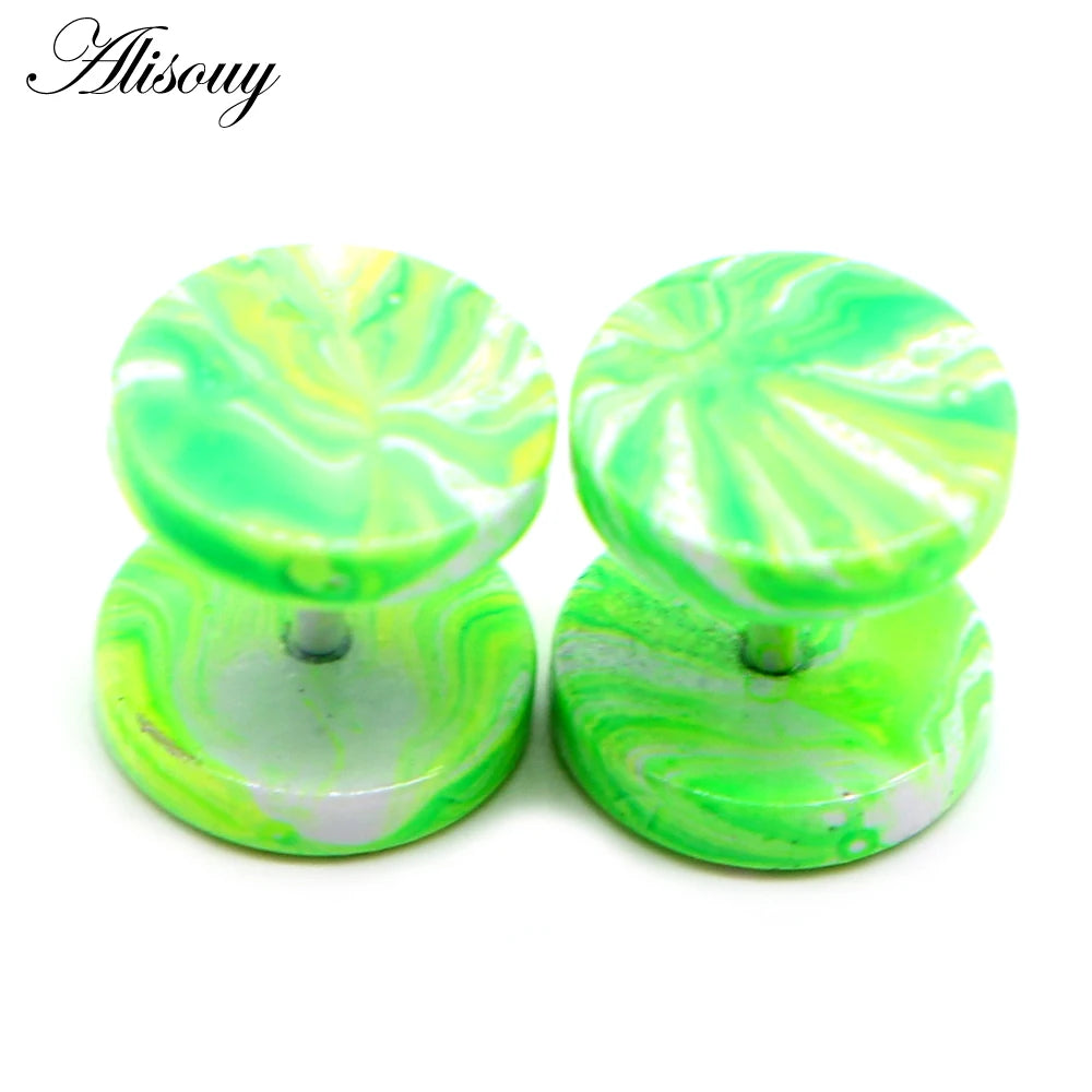 Pair of green and white marbled stainless steel fake gauge ear plugs.