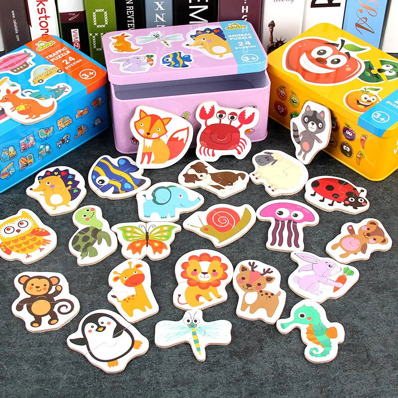 A set of wooden animal and vehicle puzzles and storage boxes featuring various cute animals like cats, bears, and birds.