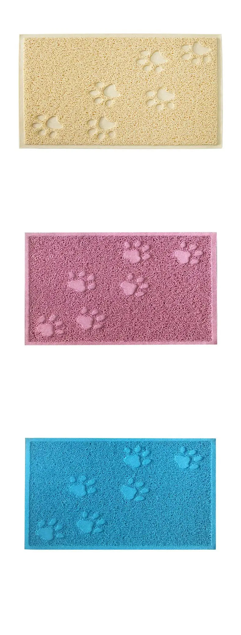 Three rectangular cat litter mats in beige, pink, and blue featuring paw print designs.