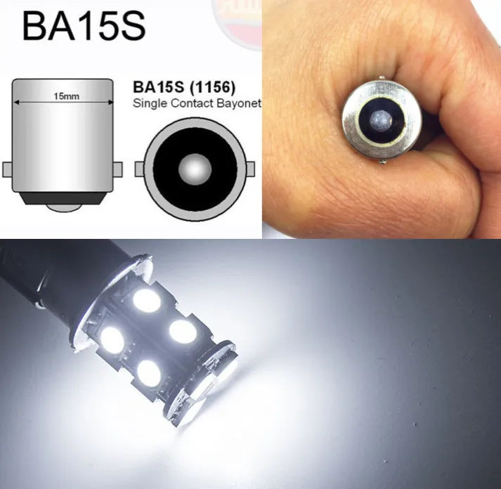 A close-up view of a BA15S single contact bayonet light bulb and an illuminated LED bulb.