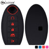 Black silicone key fob cover with red indicators and a slot for a Nissan vehicle