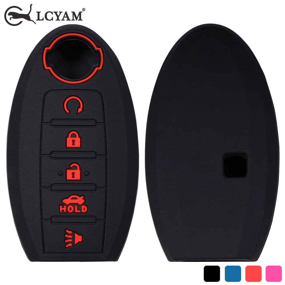 Black silicone key fob cover with red indicators and a slot for a Nissan vehicle