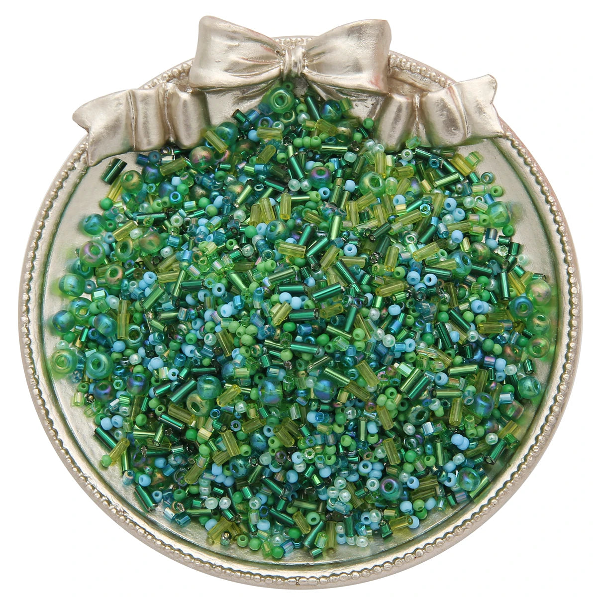 A clear glass bead container filled with mixed green and blue seed beads tied with a bow.