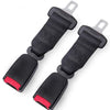 Black seat belt extender with metal buckle and red accents for car seatbelt lengthening.