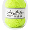 A ball of bright lime green acrylic yarn labeled Acrylic line with the text 萌丝线.