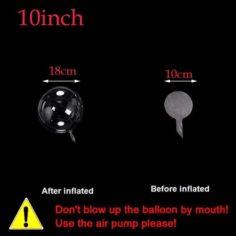 A comparison showing a 10 inch balloon before and after inflation, with instructions to use an air pump.
