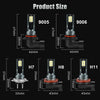 Various sizes of LED fog light bulbs including 9005, 9006, H7, H8, and H11 models.