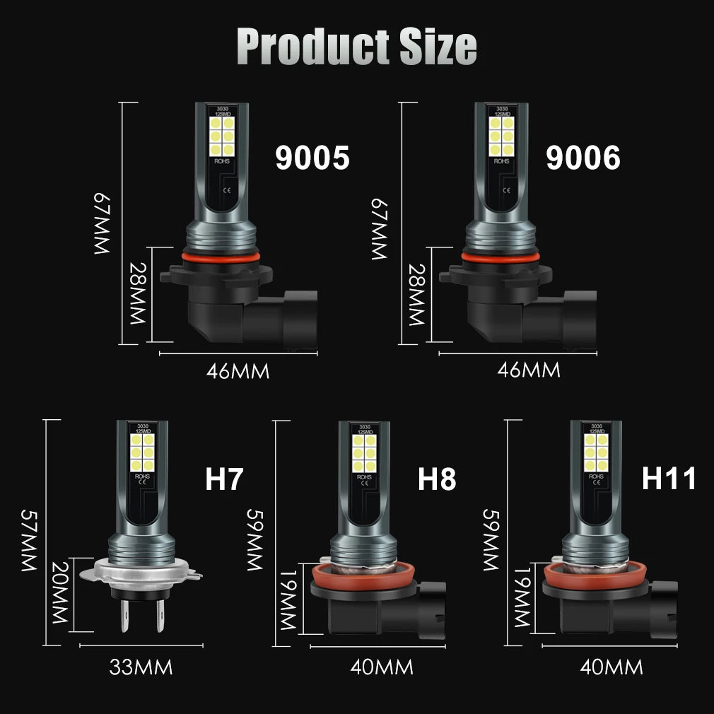 Various sizes of LED fog light bulbs including 9005, 9006, H7, H8, and H11 models.