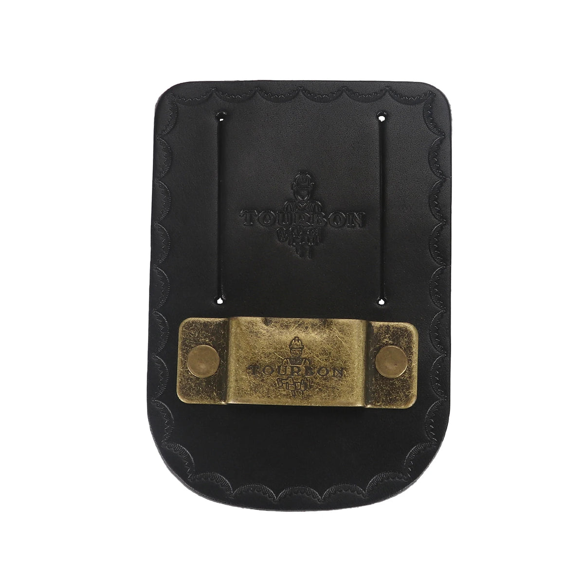 Black leather tape measure holder with a brass metal belt clip.