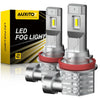 Three LED fog light bulbs with silver housings and red bases are displayed next to a product box.