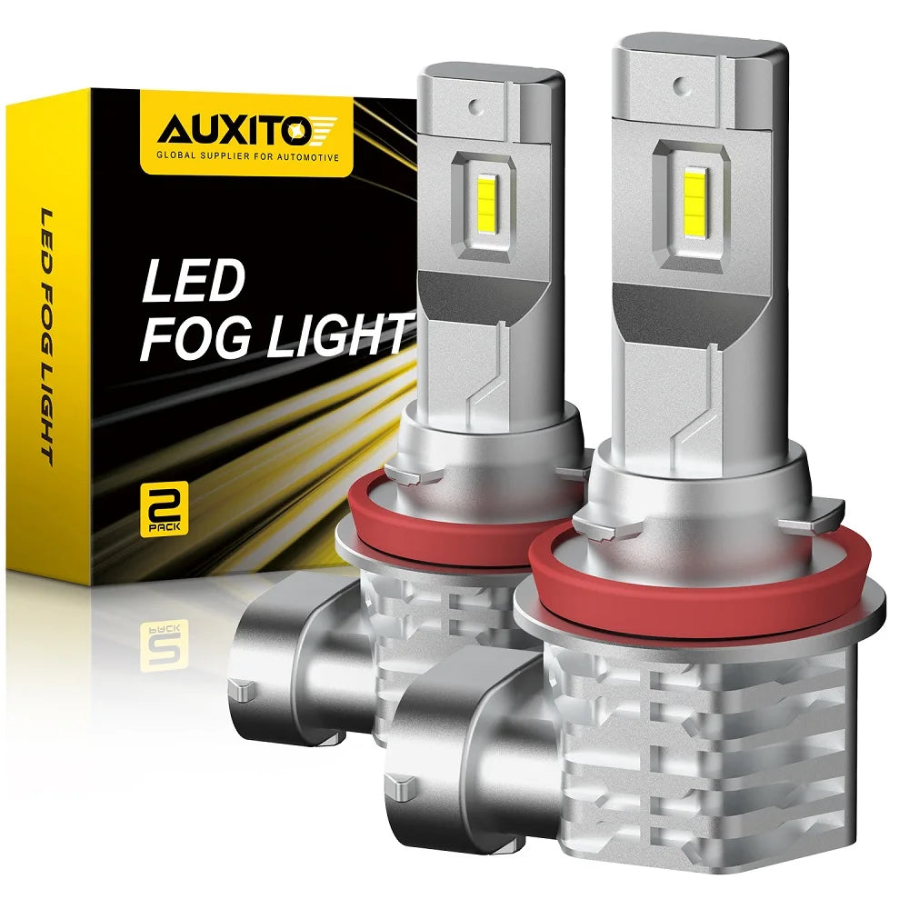 Three LED fog light bulbs with silver housings and red bases are displayed next to a product box.
