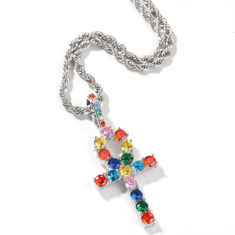 Rainbow Ankh Cross Pendant Necklace