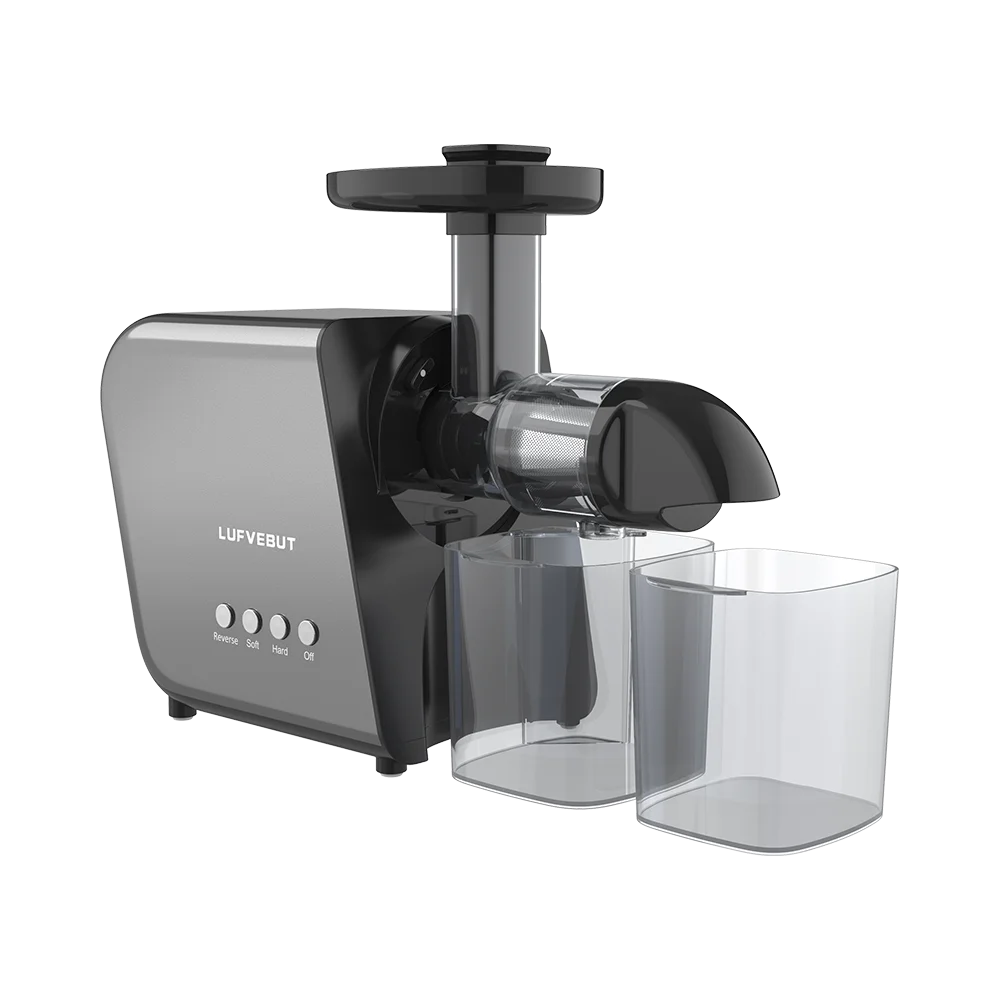 A black slow juicer with a motor head and two clear collection cups is shown against a dark background.