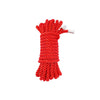 A bundle of bright red soft silk bondage rope coiled and tied together.
