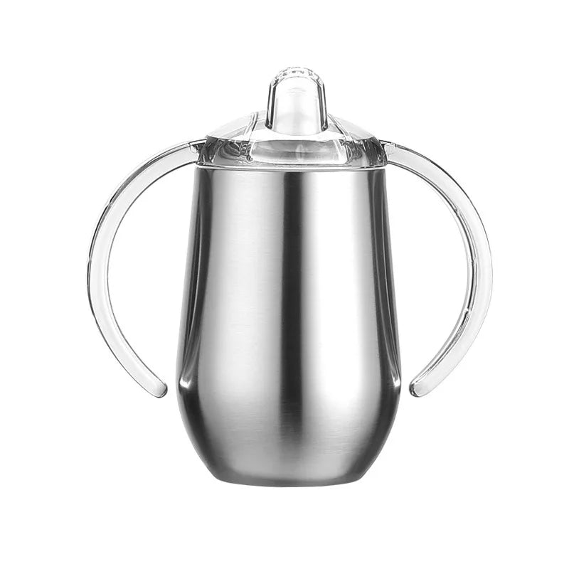 Gobelet isotherme en acier inoxydable argenté avec couvercle et anse transparente.
