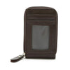 A dark brown genuine leather RFID-blocking card holder wallet shown from the side.