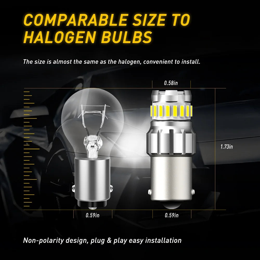 A comparison showing a universal LED car bulb size compared to a halogen bulb, highlighting compatibility and easy installati