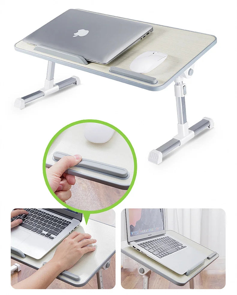 An adjustable foldable laptop desk with a built-in mouse, shown in use on a table.