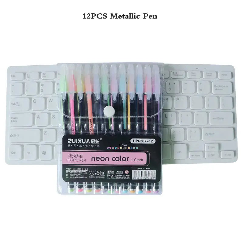 A set of 12 metallic pens in various colors including neon and pastel shades displayed in a packaging box.