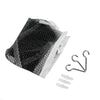 Black mesh storage hammock with silver screw hooks for kids' toys